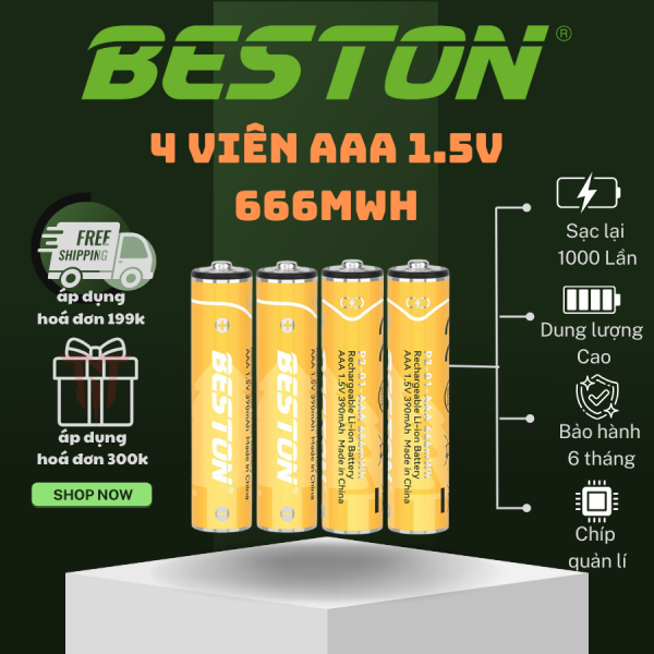 Bộ 4 Pin Pin sạc 1.5V 3A Beston AAA Li-ion 666mWh