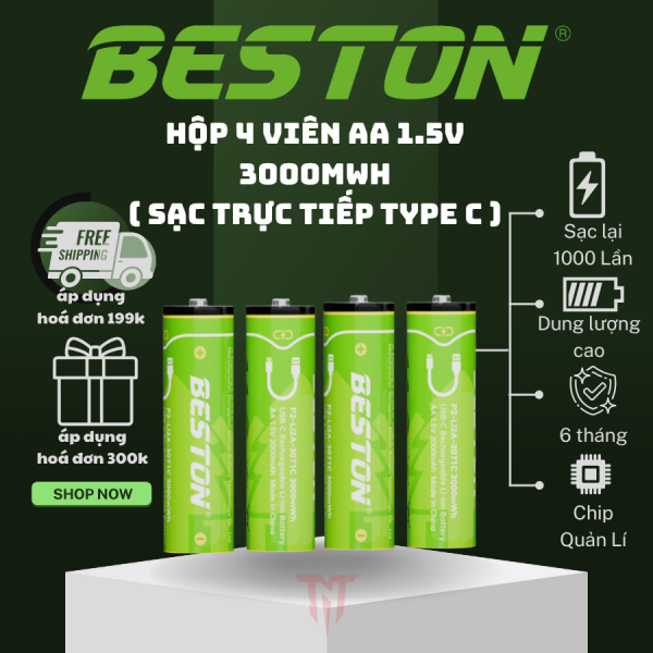 Bộ 4 Pin sạc AA 1.5V Beston 3000mWh Lithium 2AC -80,hỗ trợ sạc nhanh trực tiếp bằng cổng USB type C