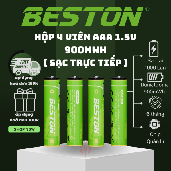Bộ 4 Pin sạc AA 1.5V Beston 2200mWh Lithium 2AC-60, hỗ trợ sạc nhanh trực tiếp bằng cổng USB type C