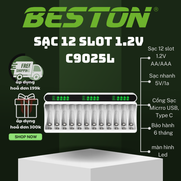Sạc 12 slot Pin AA & AAA Beston C9025L - C2025 Ni-Mh 1.2V 12 Slot Smart LCD, pin karaoke,pin