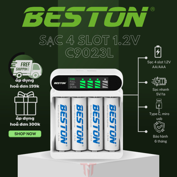 Sạc Pin AA AAA Beston C9023L - Tự ngắt sạc khi đầy - Có màn hình LCD hiển thị pin - Hàng chính hãng