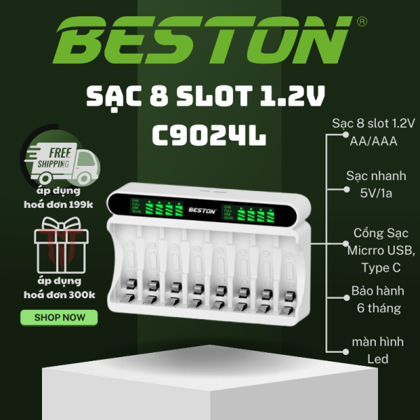 Sạc Pin AA & AAA Beston C9024L Pin Ni-Mh 1.2V 8 Slot Smart LED, pin karaoke,pin đồ chơi