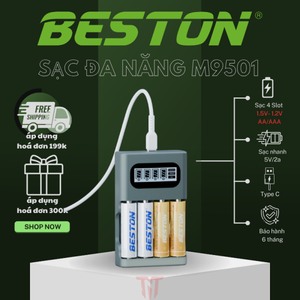 Bộ Sạc Pin BESTON M9501 sạc cả 2 loại 1.2V/1.5V AA AAA cổng sạc USB-C Sạc nhanh Tự ngắt Màn hình LCD